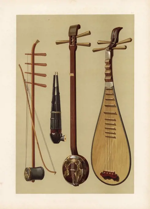 Chinese strings and woodwind: Huch'in (erhu or fiddle), Sheng (reed mouth organ), San-hsien (three-string banjo) and Pipa (balloon guitar or lute). Chromolithograph from an illustration by William Gibb from A.J. Hipkins' "Musical Instruments, Historic, Rare and Unique," Adam and Charles Black, Edinburgh, 1888. Alfred James Hipkins (1826-1903) was an English musicologist who specialized in the history of the pianoforte and other instruments. William Gibb was a master illustrator and chromolithographer and illustrated "The Royal House of Stuart" (1890), "Naval and Military Trophies" (1896), and others.