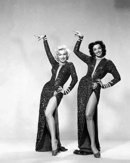 MARILYN MONROE and JANE RUSSELL in GENTLEMEN PREFER BLONDES (1953), directed by HOWARD HAWKS. Custome by Travilla.