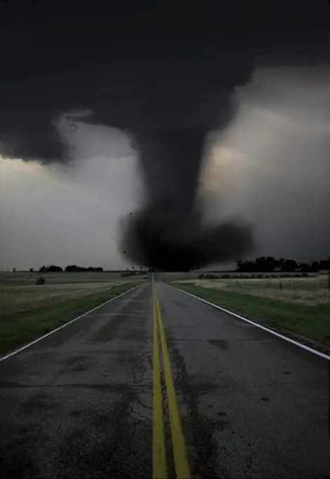 Violent EF5 tornado crossing highway in Texas, illustration