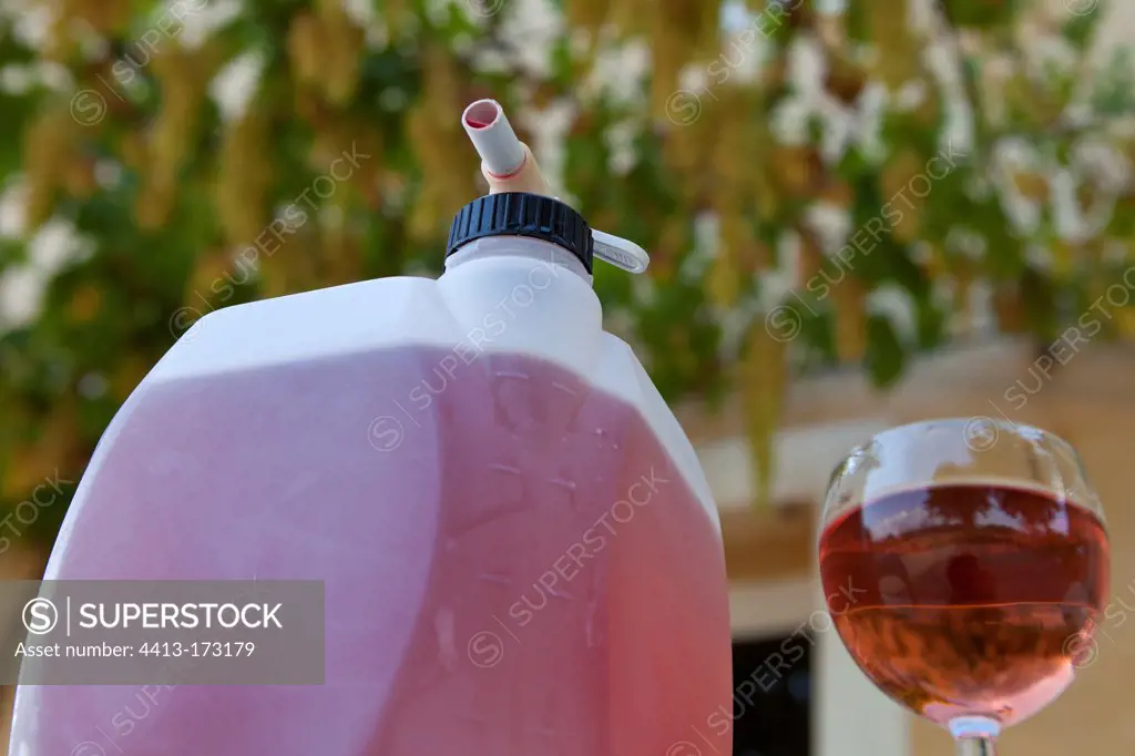 Cubi of rose wine and a glass of wine in an arbor Provence