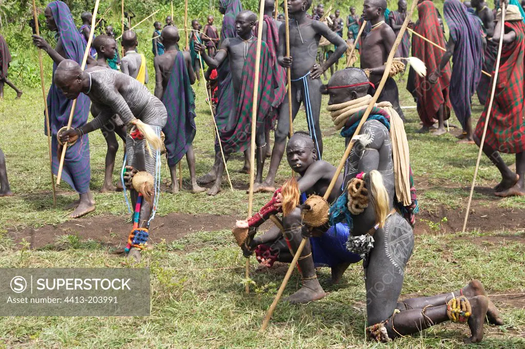 Surma warriors during Donga ceremony Ethiopia