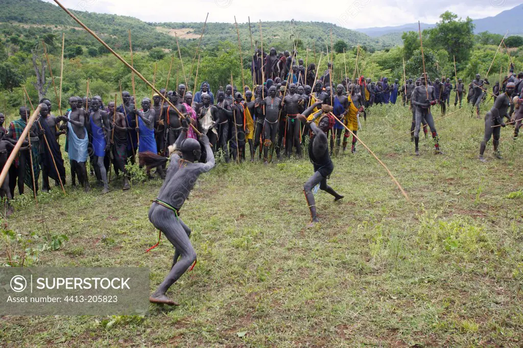 Stick fighting between two Surma warriors Ethiopia