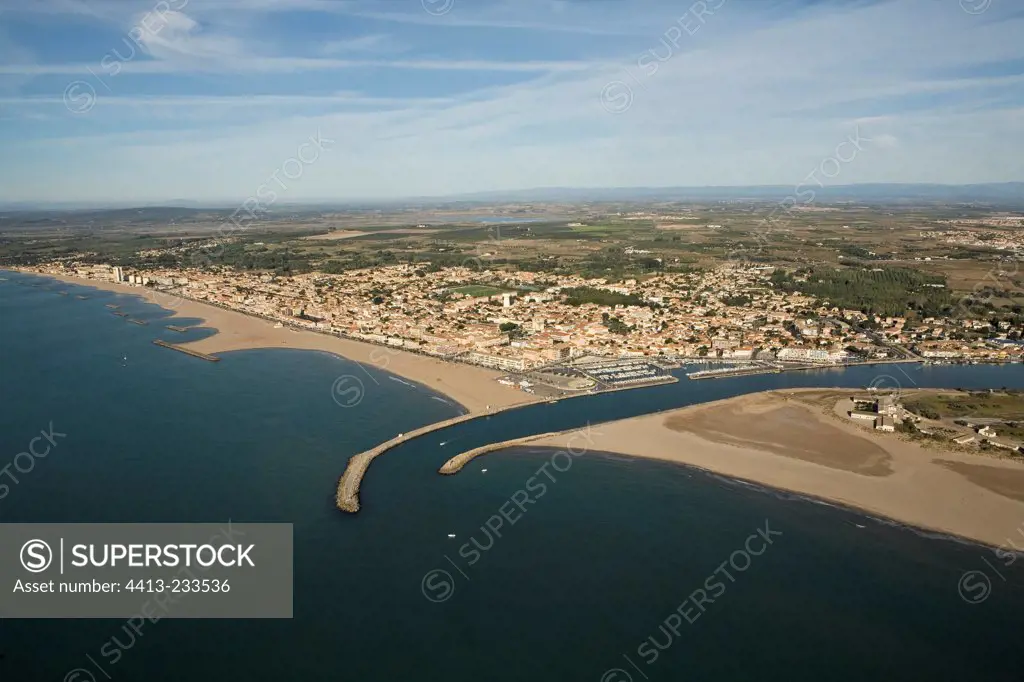 Valras-plage port and river flowing into the Mediterranean