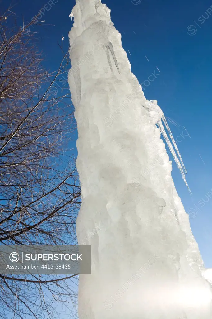 Iced waterfall in Flaine ski resort Savoie France