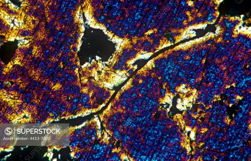 Thin blade of Basalt in microscopy with polarized light