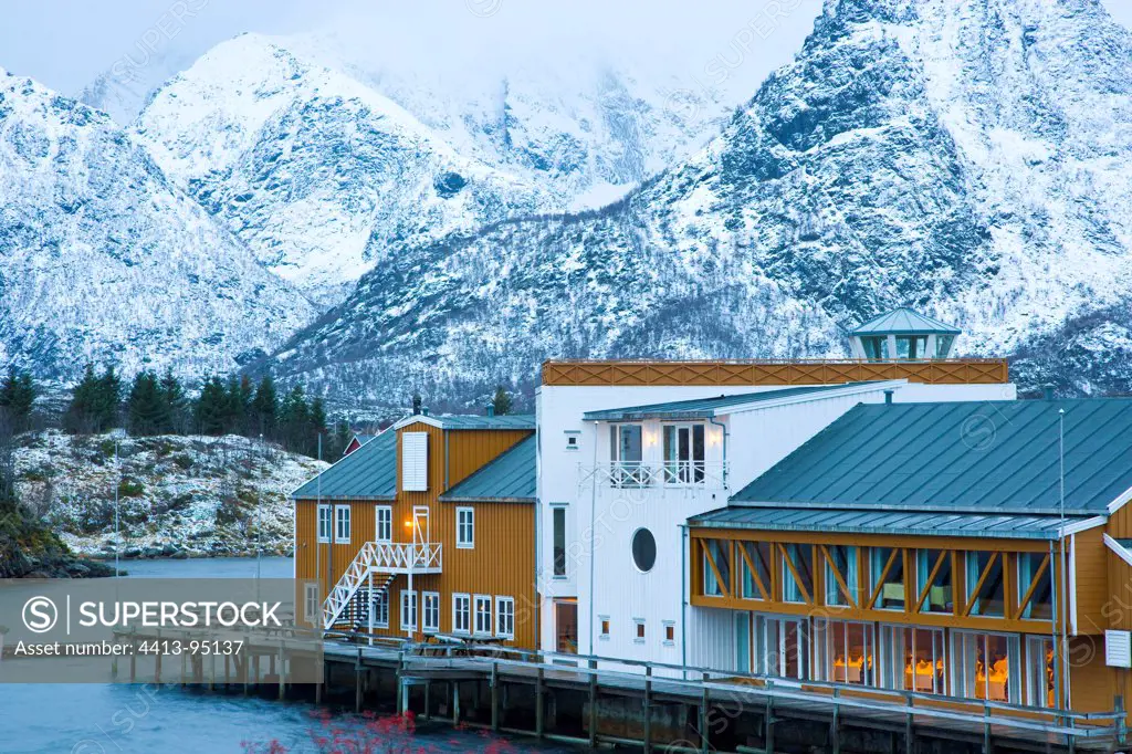 Hotel on stilts in the sea of Norway Lofoten Islands