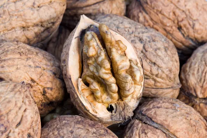 Closeup of basket of walnuts