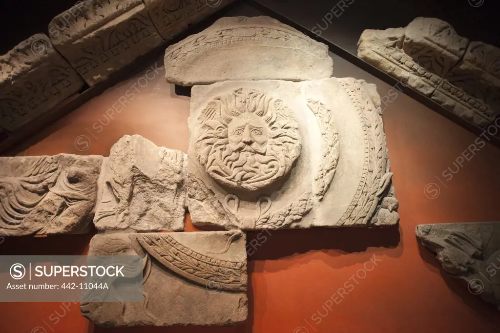 Temple pediment display, Roman Baths, Bath, Somerset, England