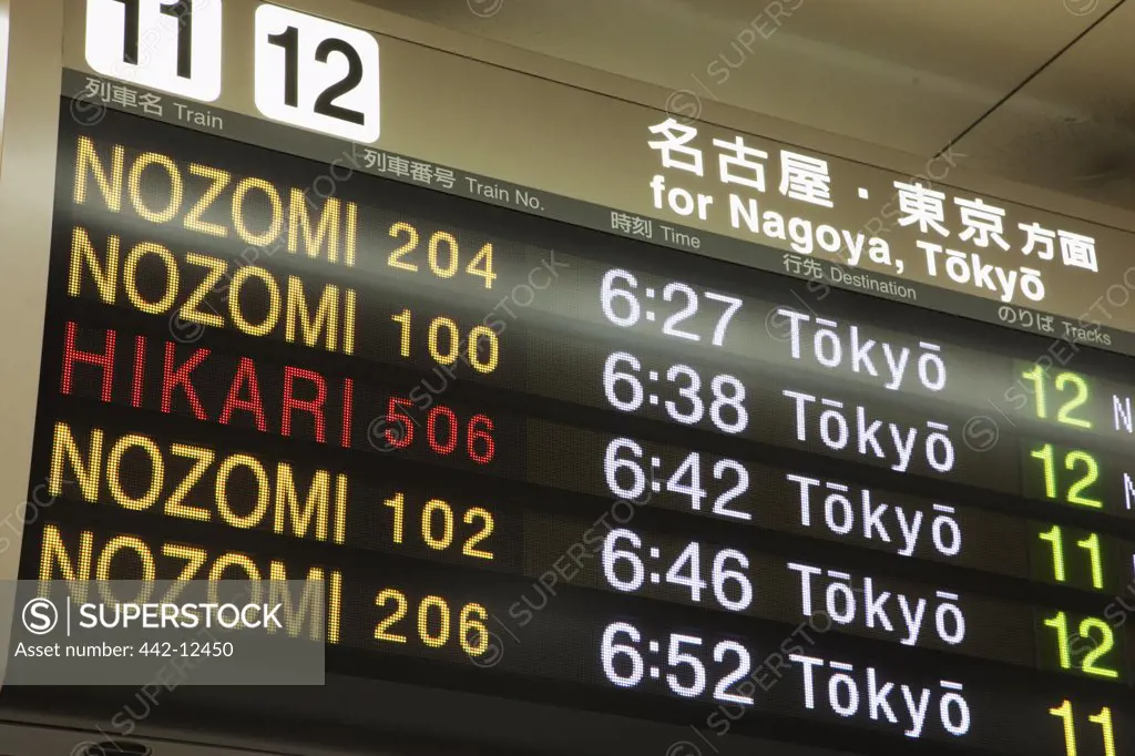 Departure board at a train station, Tokyo Prefecture, Kanto Region, Honshu, Japan