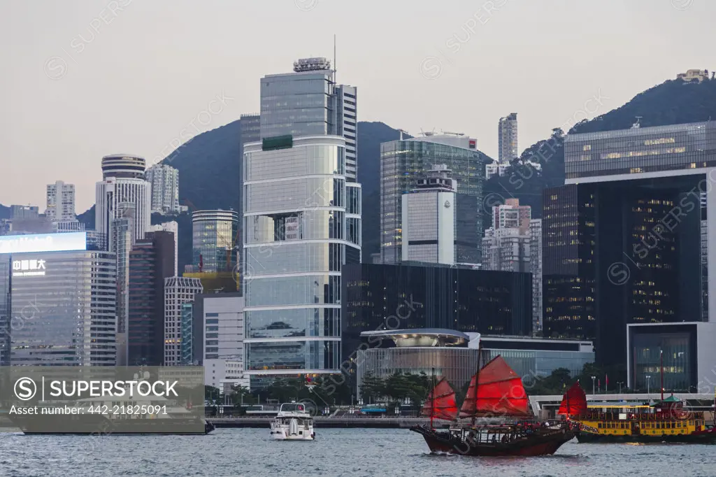 China, Hong Kong, Junk and City Skyline