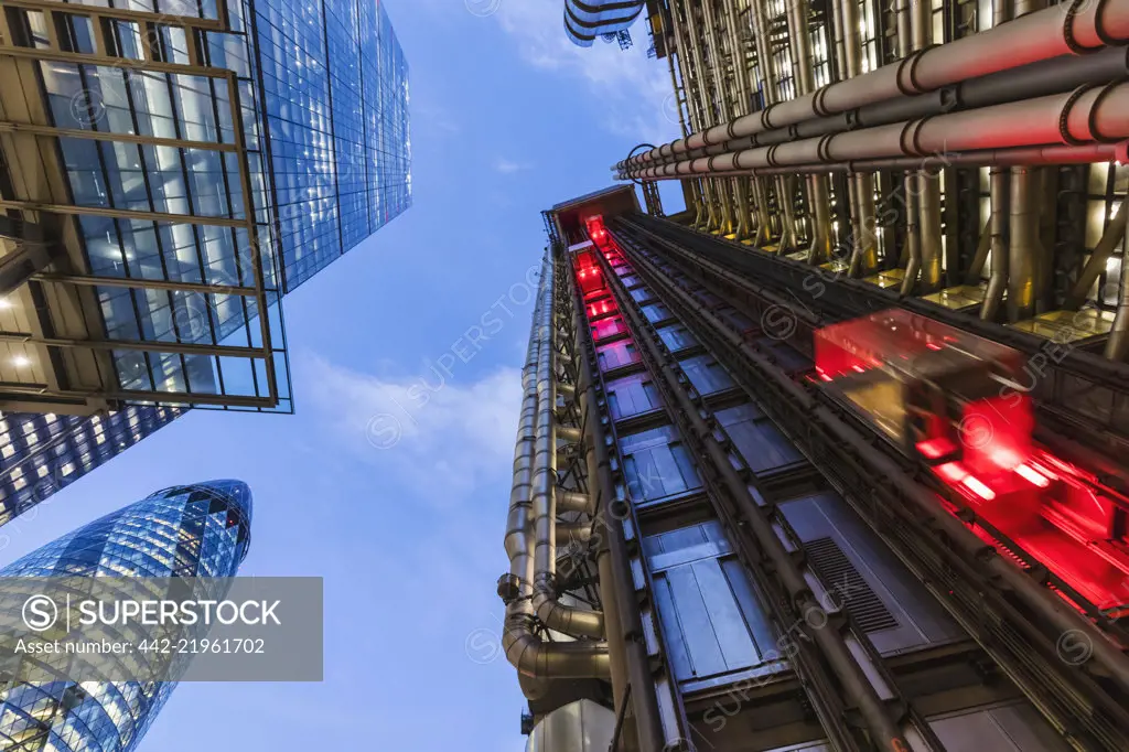 England, London, City of London, Lloyds Building with Exterior Elevators