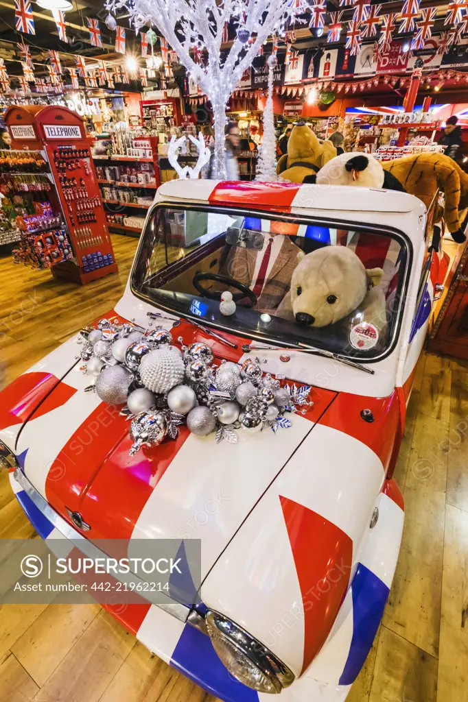 England, London, Piccadilly Circus, Souvenir Shop Display of Mini Car and Souvenirs