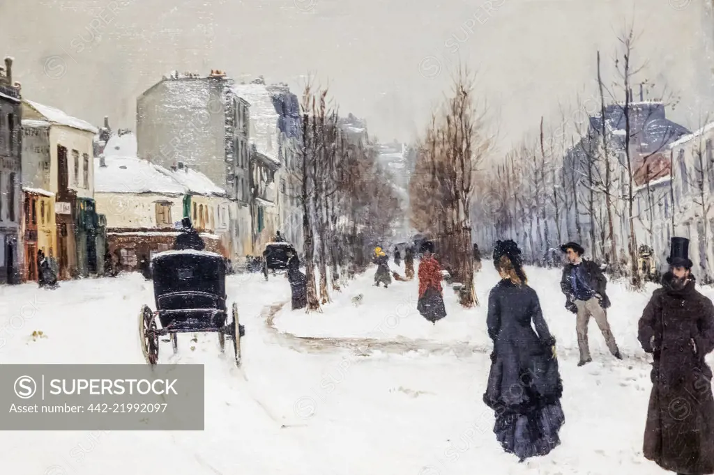 Painting titled "The Boulevard de Clichy Under Snow" by Norbert Goeneutte dated 1875