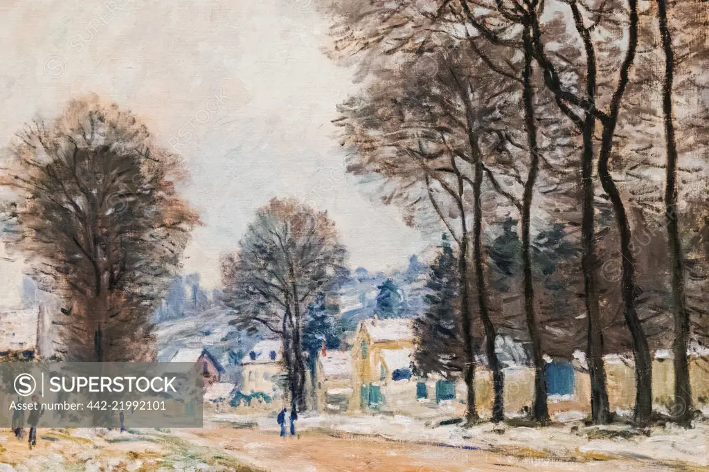 Painting titled "Snow at Louveciennes" by Alfred Sisley dated 1874