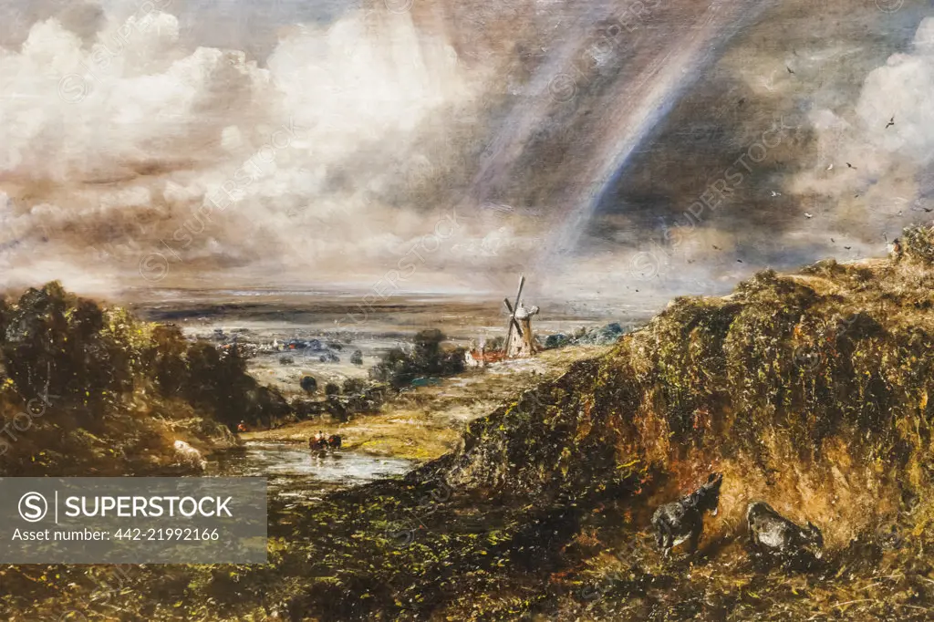 Painting titled "Hampstead Heath with a Rainbow" by John Constable dated 1836