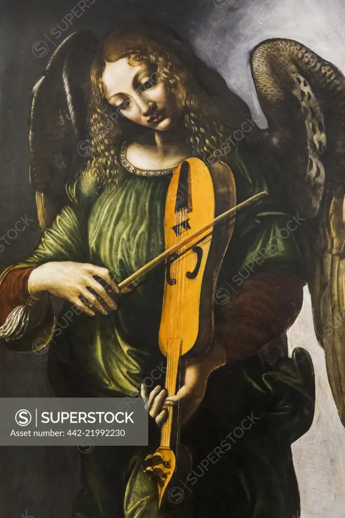 Painting of An Angel in Green with a Vielle by an Associate of Leonardo da Vinci dated 1490