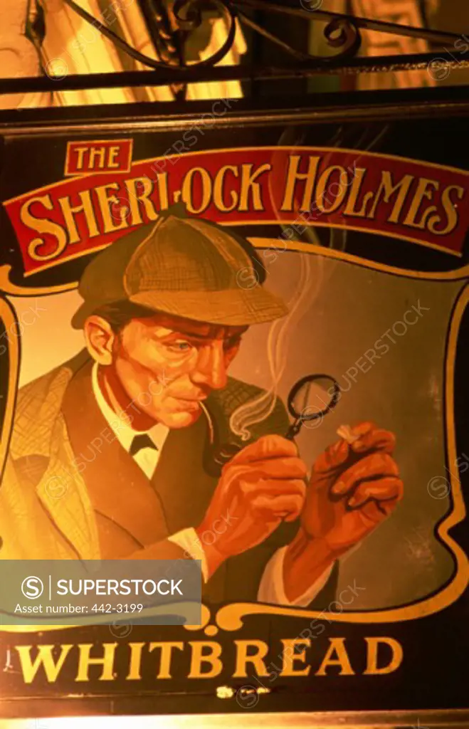 Close-up of a sign of a cafe, Sherlock Holmes Pub, London, England