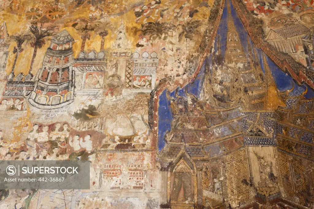 Wall paintings inside the main prayer hall, Wat Si Saket, Vientiane, Laos