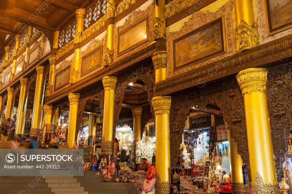 Souvenir shops at the entranceway of a temple, Shwedagon Pagoda, Yangon, Myanmar