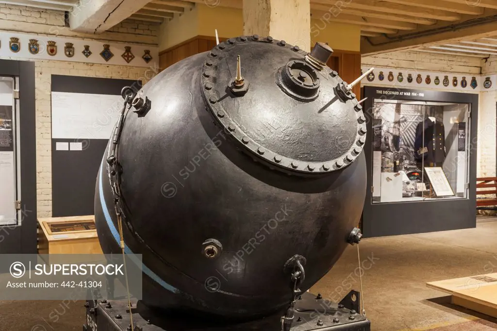 Exhibition of Mark 17 WWII Sea Mine, Chatham Historic Dockyard, Chatham, Rochester, Kent, England