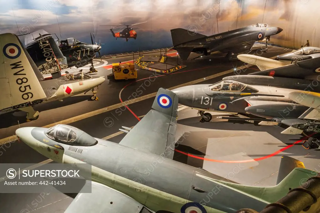 Exhibition of fighter jets in a museum, Fleet Air Arm Museum, Royal Naval Air Station Yeovilton, Yeovil, Somerset, England