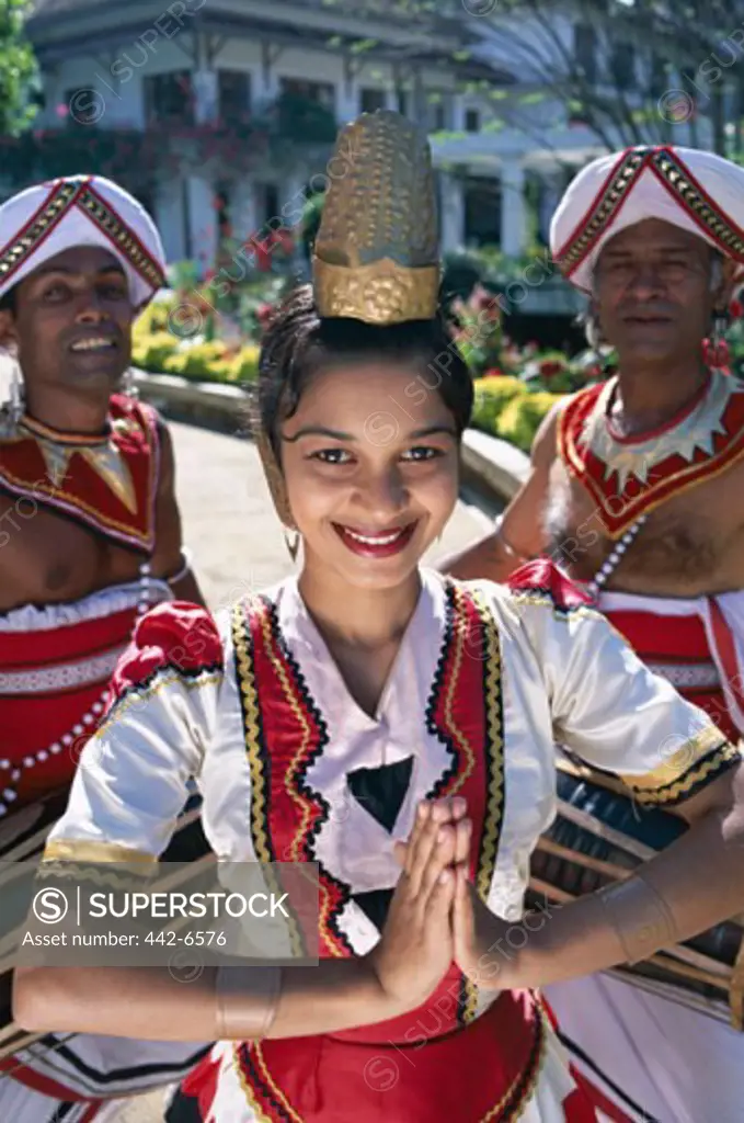 Portrait of a female Kandy dancer dressed in a pooja costume, Kandy, Sri Lanka