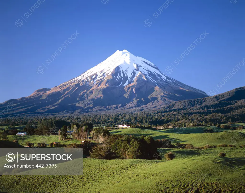 Panoramic view of a snowcapped mountain, Mount Taranaki, Egmont National Park, Taranaki, New Zealand