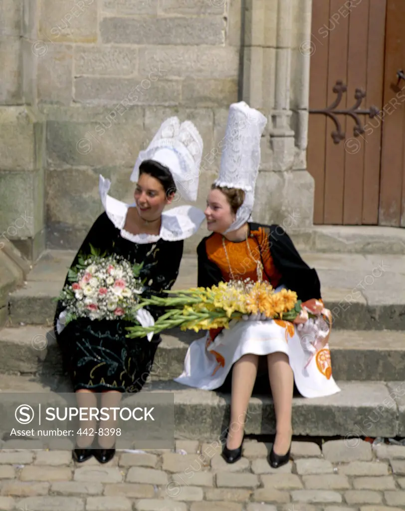 Girls in Traditional Costume wearing Lace Headdress (Coiffes), Breton Traditional Dress, Brittany, France