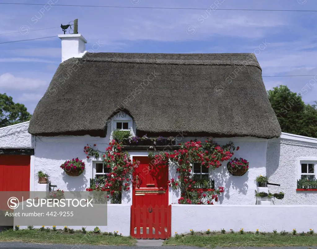 Facade of a traditional thatched house, County Waterford, Ireland