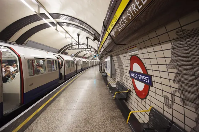 Train at a subway station, Baker Street Tube Station, Baker Street, London Underground, London, England