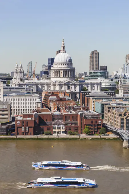 England, London, Aerial View of St Pauls Cathedral and River Thames