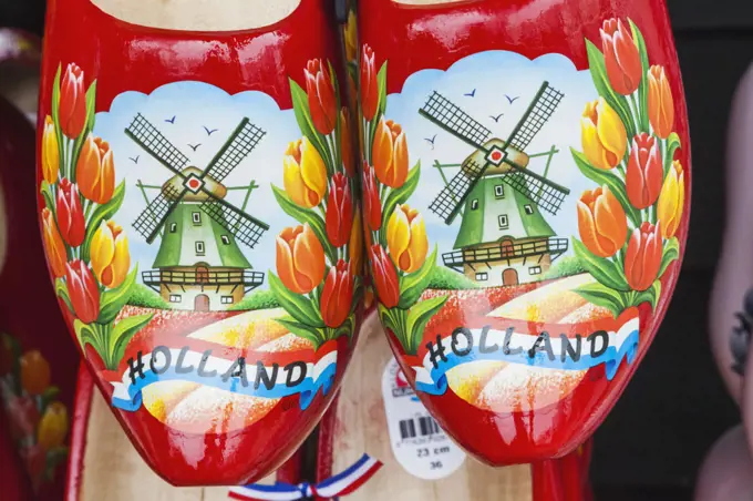 Europe, Netherlands, Amsterdam, Souvenir Shop Display of Colourful Wooden Clogs