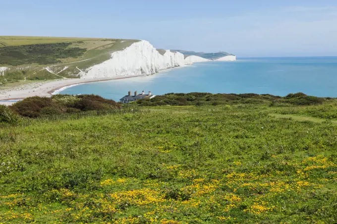 England, East Sussex, South Downs National Park, The Seven Sisters Cliffs and Skyline viewed from Seaford Head