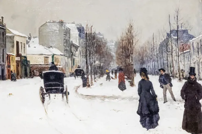 Painting titled "The Boulevard de Clichy Under Snow" by Norbert Goeneutte dated 1875