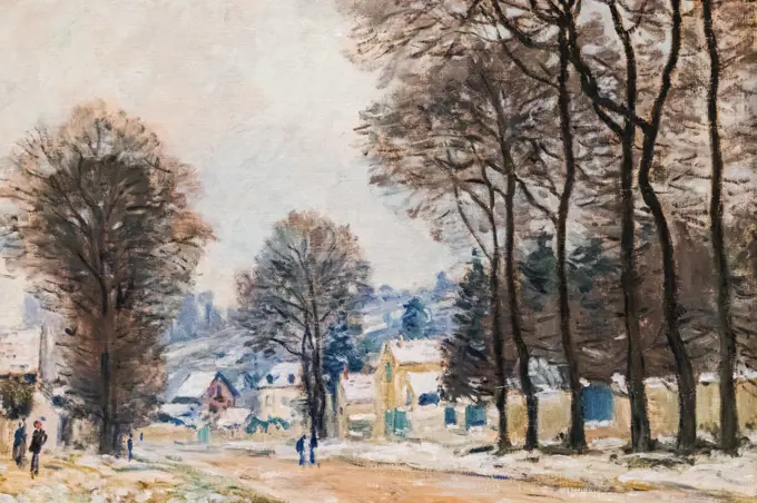 Painting titled "Snow at Louveciennes" by Alfred Sisley dated 1874