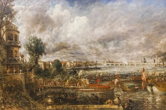 Painting titled "The Opening of Waterloo Bridge(Whitehall Stairs, June 18th 1817)" by John Constable 