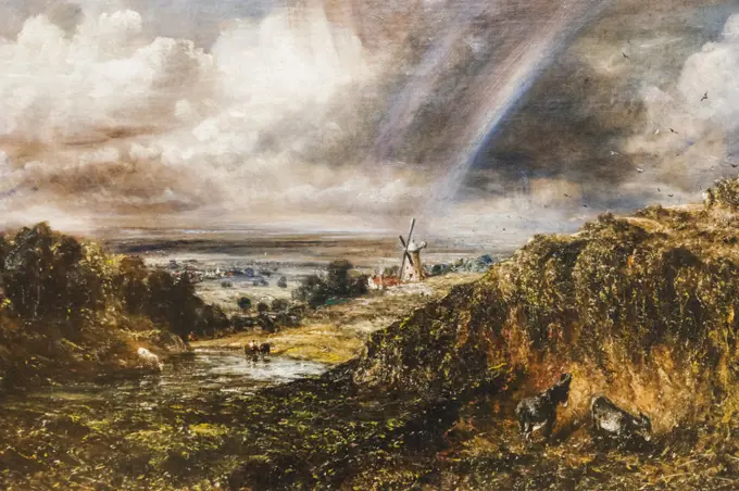 Painting titled "Hampstead Heath with a Rainbow" by John Constable dated 1836