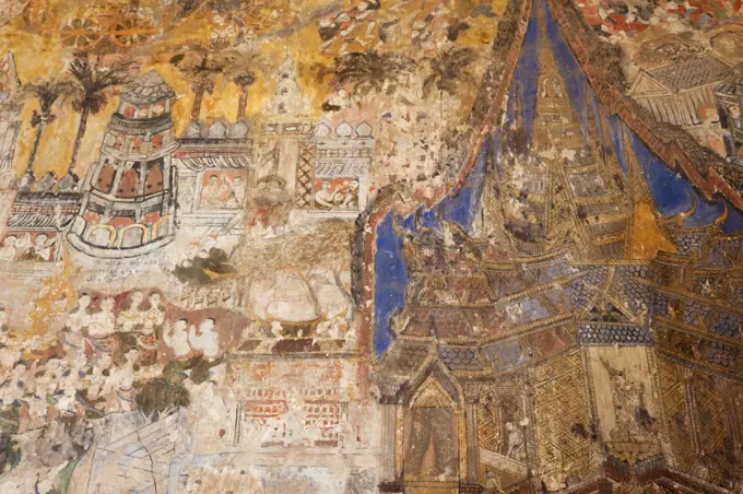 Wall paintings inside the main prayer hall, Wat Si Saket, Vientiane, Laos