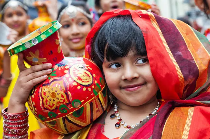 England, London, Banglatown, Bengali New Year Festival, Boishakhi Mela Parade, Child in Bengali Costume