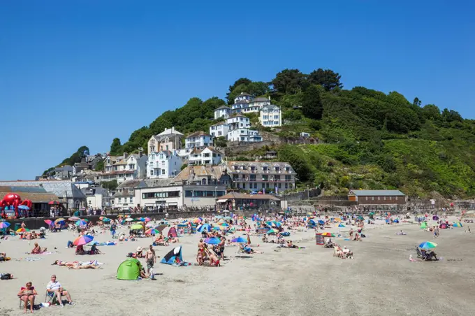 Tourists on the beach, Looe Beach, Looe, Cornwall, England