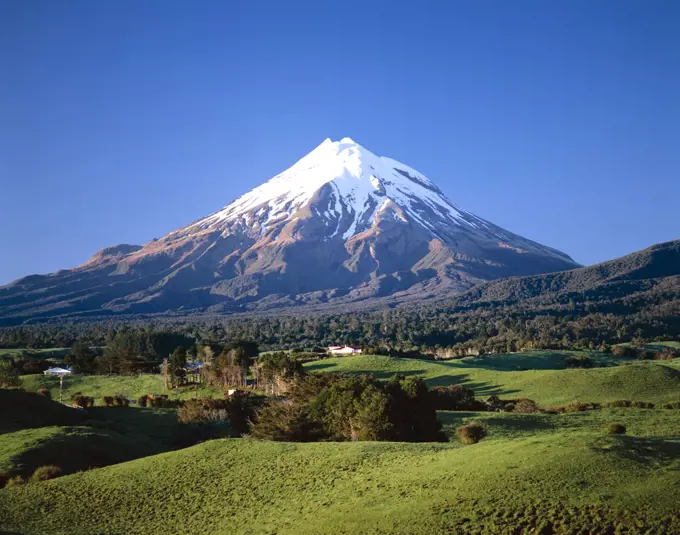 Panoramic view of a snowcapped mountain, Mount Taranaki, Egmont National Park, Taranaki, New Zealand