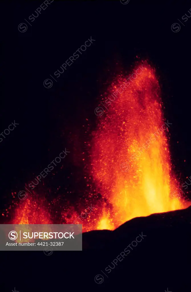 Lava erupting from volcano, Eldfell Volcano, Heimaey, Westmann Isles, Iceland, 1973