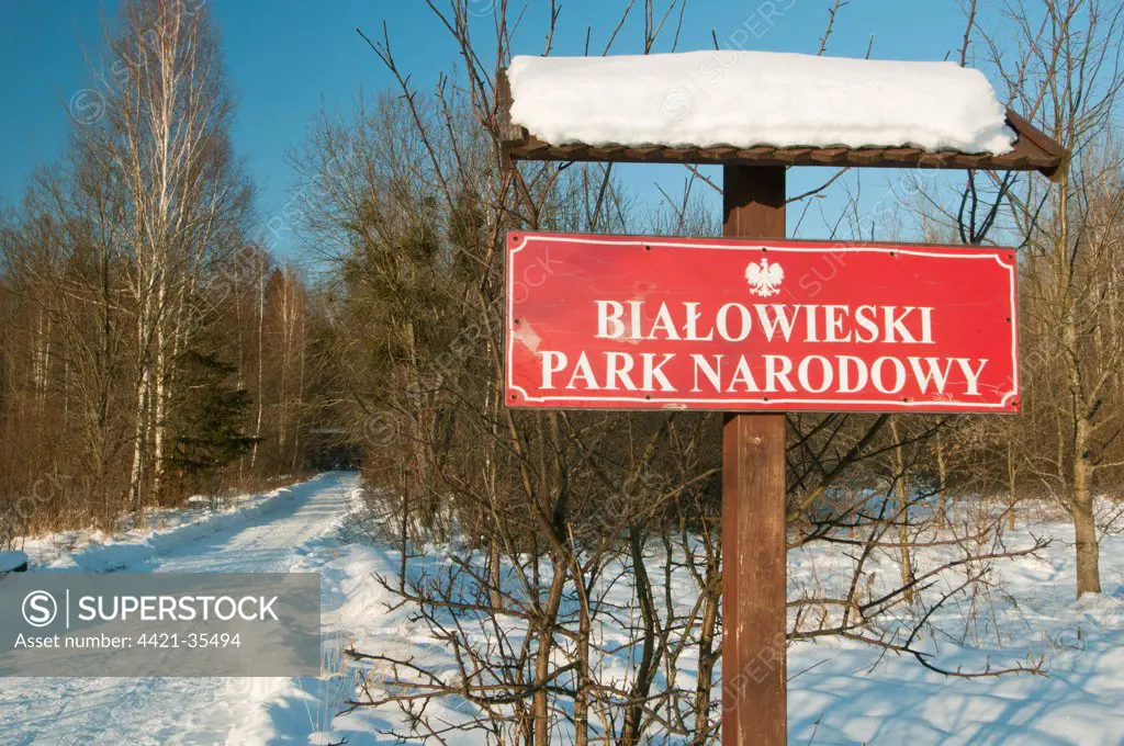 'Bialowieski Park Narodowy' entrance sign in snow, Bialowieza Special Protected Area, Bialowieza N.P., Podlaskie Voivodeship, Poland, february