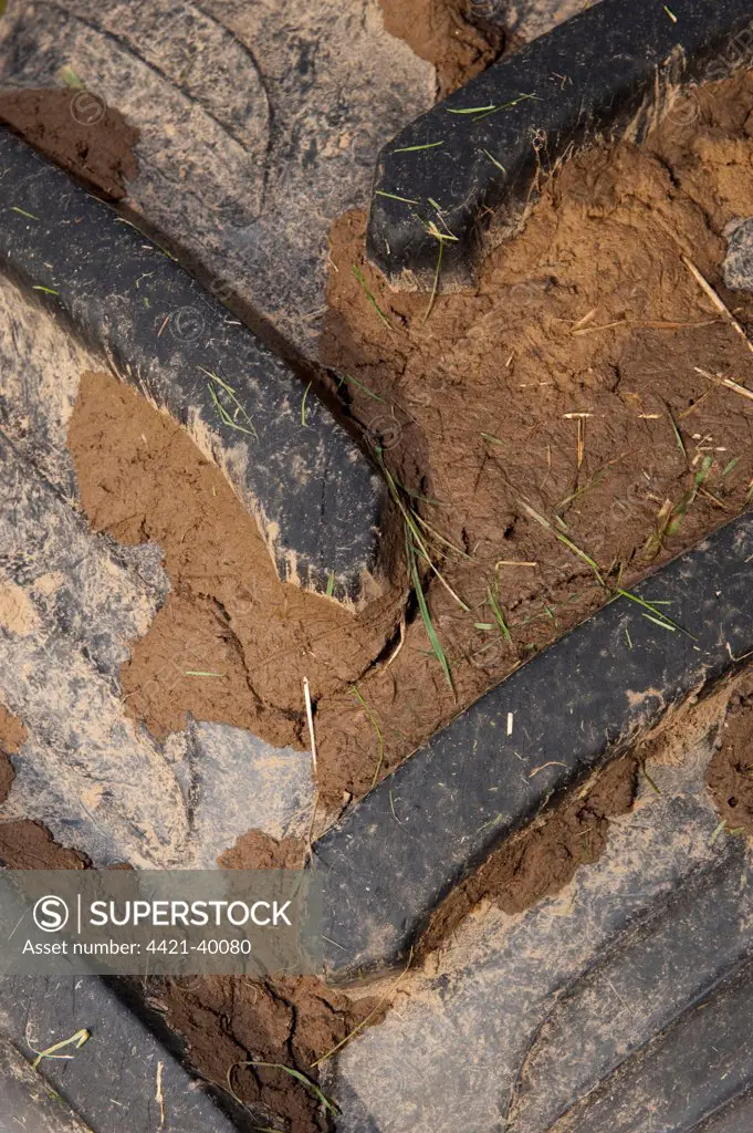 Close-up of tractor tyre with mud in tread, England