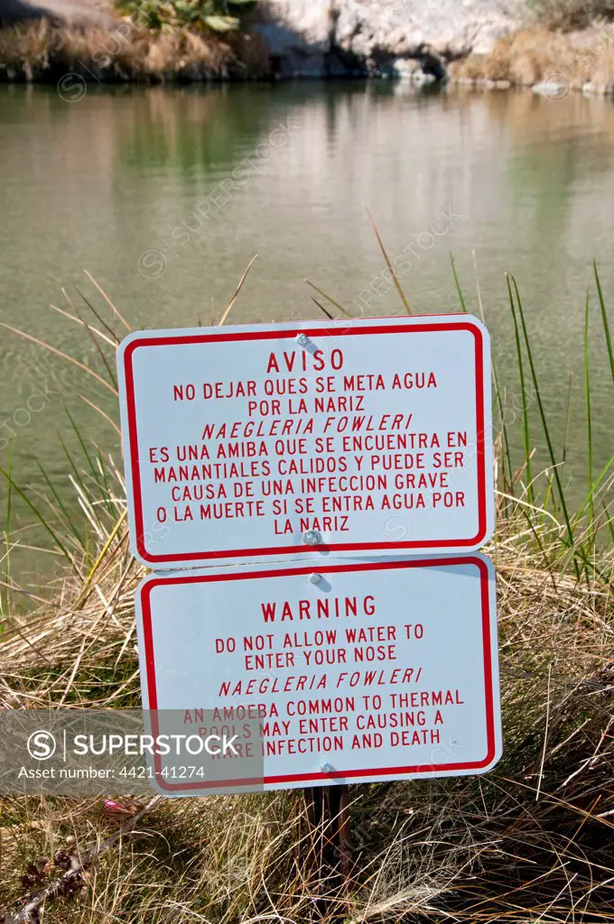 'Do Not Allow Water To Enter Your Nose' Amoeba (Naegleria fowleri) warning sign at thermal pool, Roger's Spring, Lake Mead, Nevada, U.S.A.