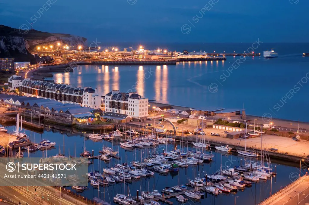 View of marina and coastal port at night, Western Docks, Eastern Docks and Ferry Port, Port of Dover, Dover, Kent, England