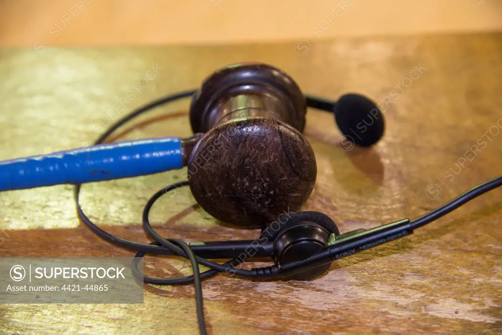 Gavel and microphone, equipment of auctioneer at livestock market, Beeston Castle Auction Mart, Cheshire, England, January