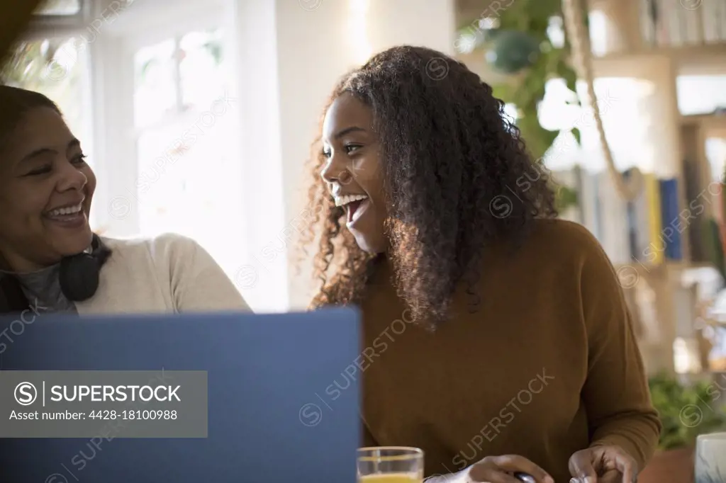 Happy mother and daughter using laptop