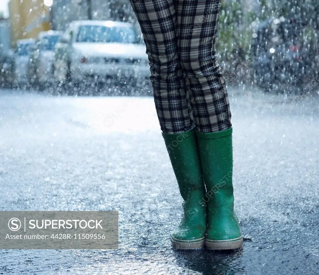 Rain falling around woman in wellingtons