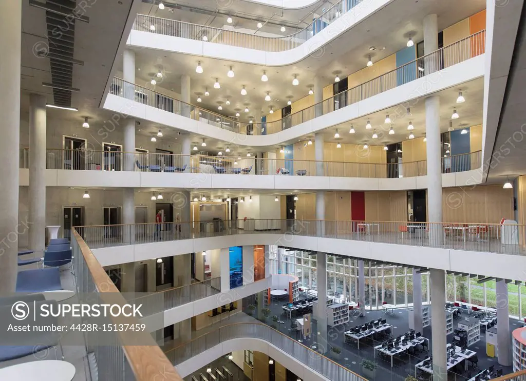 Modern office atrium with balconies